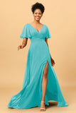 A Line V-Neck Long Chiffon Bridesmaid Dress with Slit