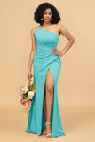 Mermaid One Shoulder Satin Long Bridesmaid Dress with Slit