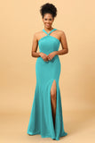 Mermaid Halter Long Chiffon Bridesmaid Dress with Slit