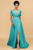 A Line V-Neck Floor Length Chiffon Bridesmaid Dress with Slit