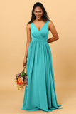 A Line V Neck Pleated Floor Length Long Chiffon Bridesmaid Dress