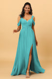 A Line V Neck Cold Shoulder Chiffon Bridesmaid Dress with Slit