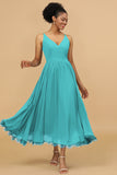 A Line Spaghetti Straps Long Chiffon Bridesmaid Dress with Ruffles