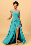 A Line Off the Shoulder Ruched Long Chiffon Bridesmaid Dress with Slit