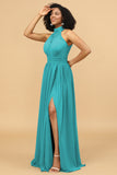 A Line Halter Ruched Floor Length Chiffon Bridesmaid Dress with Slit