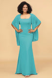 Mermaid Square Neck Long Chiffon Bridesmaid Dress with Cape