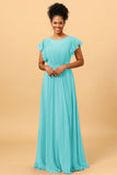 A Line Bateau Neck Ruched Long Chiffon Bridesmaid Dress with Ruffles