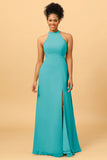 Sheath Halter Floor Length Open Back Chiffon Bridesmaid Dress with Slit