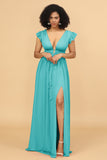 A Line Deep V-Neck Long Chiffon Bridesmaid Dress with Slit