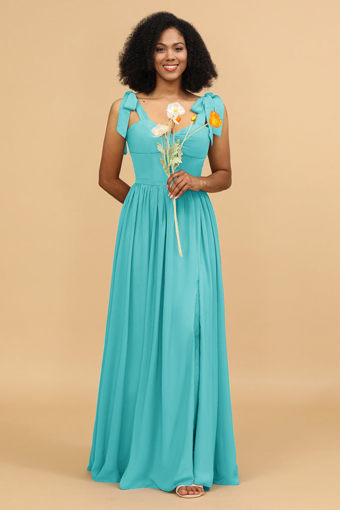 Halter Chiffon Bridesmaid Dress with Slit Gold
