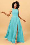 A Line High Neck Pleated Long Chiffon Bridesmaid Dress with Ruffles