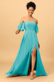 A Line Off the Shoulder Long Chiffon Bridesmaid Dress with Slit