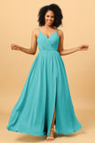 Ruched Long Floor Length Chiffon Bridesmaid Dress with Slit