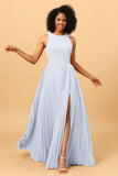 A Line High Neck Pleated Long Chiffon Bridesmaid Dress with Ruffles