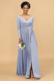 A Line V-Neck Long Sleeves Chiffon Bridesmaid Dress with Slit