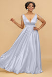 A Line Deep V-Neck Backless Floor Length Bridesmaid Dress