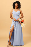 A Line Spaghetti Straps V Neck Chiffon Ruffled Long Bridesmaid Dress with Slit