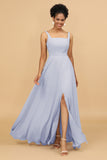 Sheath Square Neck Floor Length Chiffon Bridesmaid Dress