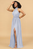 A Line Halter Ruched Floor Length Chiffon Bridesmaid Dress with Slit