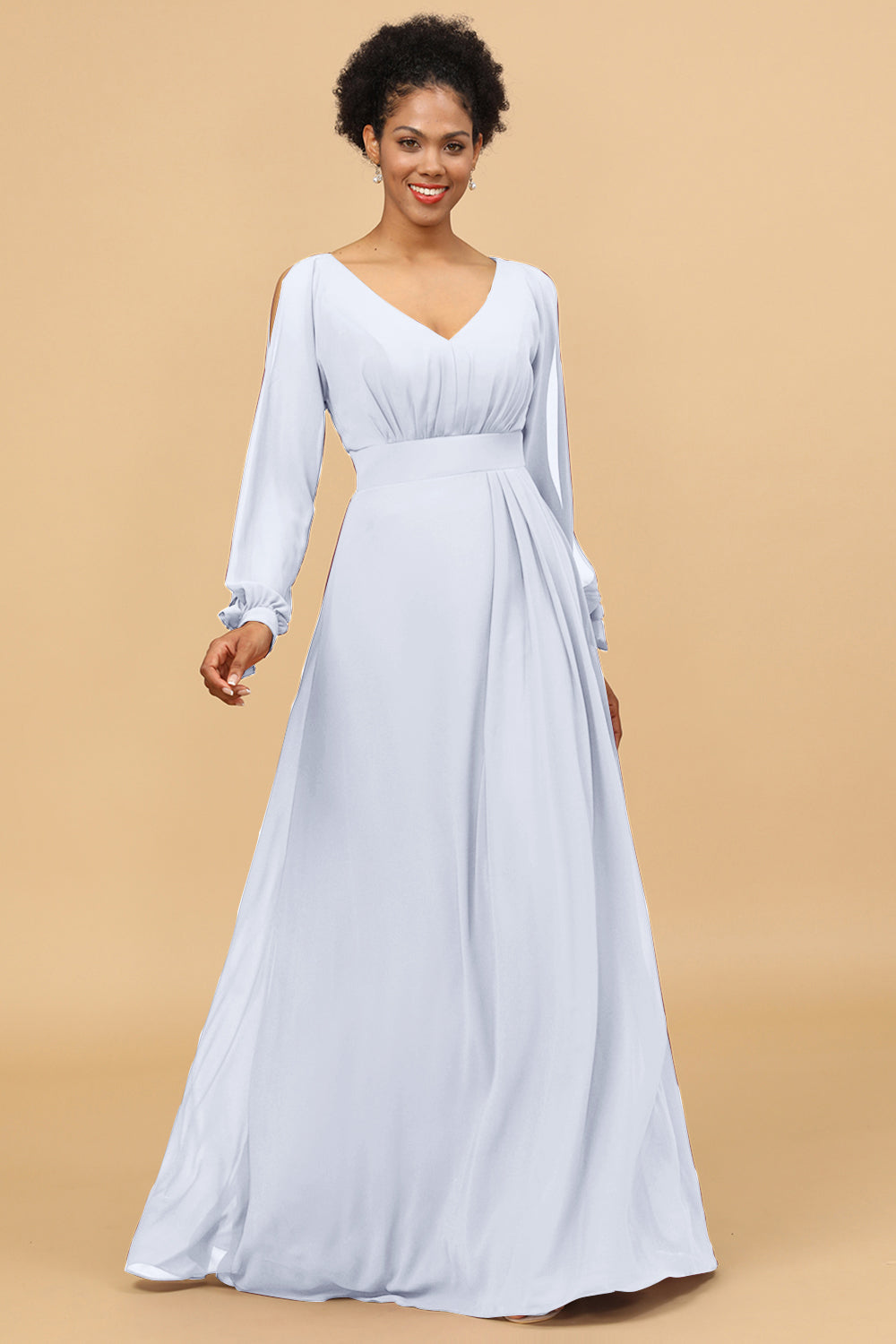 Long Sleeves V-Neck Chiffon Bridesmaid Dress with Bowknot