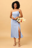 Sheath Spaghetti Straps Midi Chiffon Bridesmaid Dress with Slit