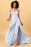 A Line Off the Shoulder Ruched Chiffon Bridesmaid Dress with Slit