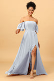 A Line Off the Shoulder Long Chiffon Bridesmaid Dress with Slit