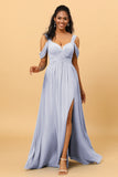 A Line V Neck Cold Shoulder Chiffon Bridesmaid Dress with Slit