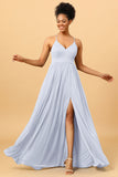 A Line Spaghetti Straps Ruched Chiffon Long Bridesmaid Dress with Slit