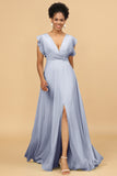 A Line V-Neck Floor Length Chiffon Bridesmaid Dress with Slit