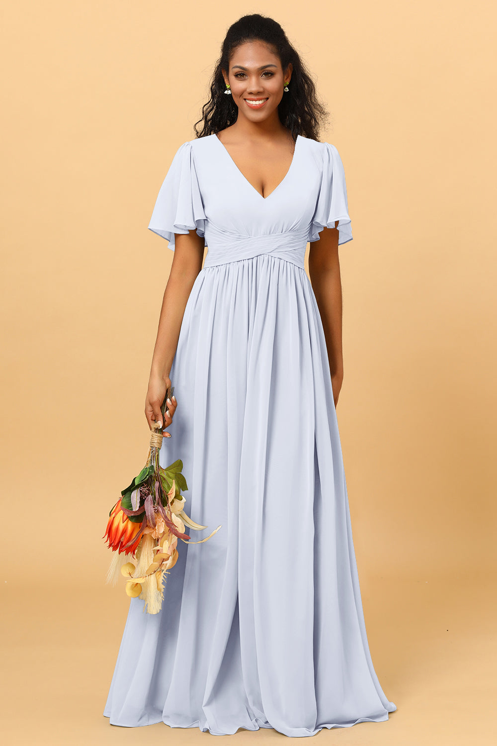 Wedtrend Women A Line V Neck Short Sleeves Floor Length Chiffon Bridesmaid Dress Formal Dress, Silver