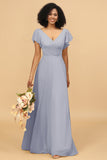 V-Neck Cape Long Floor Length Chiffon Bridesmaid Dress