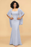 Mermaid Square Neck Long Chiffon Bridesmaid Dress with Cape