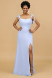 Sheath Spaghetti Straps Long Chiffon Bridesmaid Dress with Slit