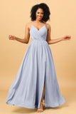 Ruched Long Floor Length Chiffon Bridesmaid Dress with Slit