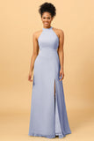 Sheath Halter Floor Length Open Back Chiffon Bridesmaid Dress with Slit