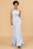 Mermaid One Shoulder Satin Long Bridesmaid Dress With Bowknot