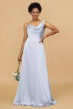 A Line Asymmetrical Neck Satin Floor Length Bridesmaid Dress