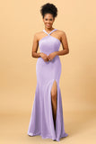 Mermaid Halter Long Chiffon Bridesmaid Dress with Slit