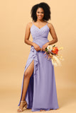 A Line Spaghetti Straps V Neck Chiffon Ruffled Long Bridesmaid Dress with Slit