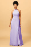 Sheath Halter Floor Length Open Back Chiffon Bridesmaid Dress with Slit