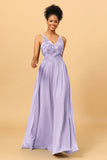 A Line V-Neck Long Chiffon Bridesmaid Dress with Lace