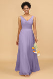 A Line V Neck Backless Chiffon Long Bridesmaid Dress