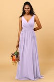 A Line V Neck Pleated Floor Length Long Chiffon Bridesmaid Dress