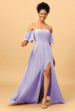 A Line Off the Shoulder Long Chiffon Bridesmaid Dress with Slit