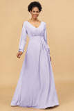 Long Sleeves V-Neck Chiffon Bridesmaid Dress with Bowknot