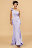 Mermaid One Shoulder Satin Long Bridesmaid Dress With Bowknot