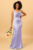 Mermaid Cowl Neckline Spaghetti Straps Long Satin Bridesmaid Dress