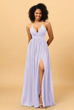 A Line V Neck Spaghetti Straps Chiffon Bridesmaid Dress with Slit