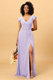 A Line V Neck Strapless Long Chiffon Bridesmaid Dress With Slit